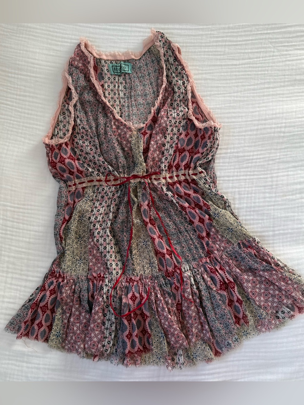 Vintage Y2K sheer patchwork boho lace top fairy ruffle tie xs